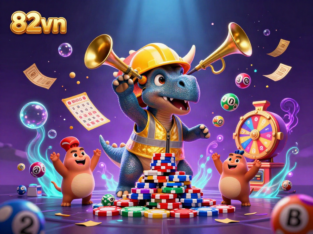 Celebrate wins at 82vn with a lively 3D casino scene showcasing colorful lottery balls and excitement.