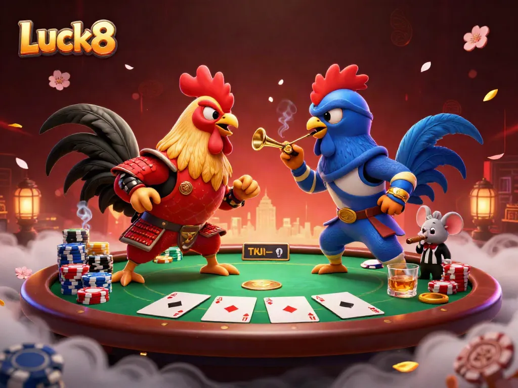Luck8 showcases a dramatic showdown between cartoon roosters, symbolizing intense gaming competition.