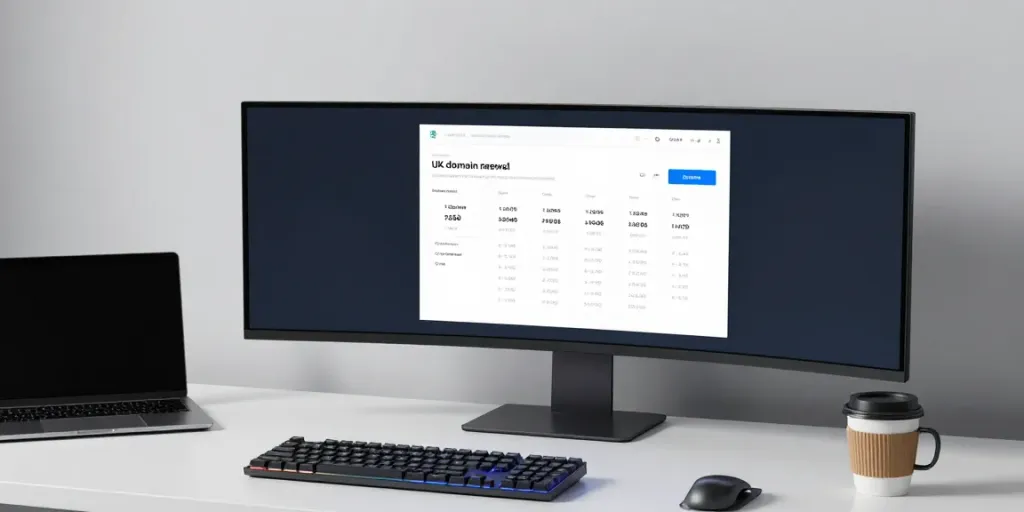 UK domain renewal prices displayed on a modern coding workspace with sleek tech elements.