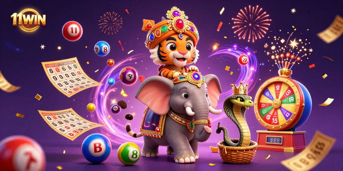 11WIN celebrates with vibrant lottery elements, showcasing a dynamic gaming experience.