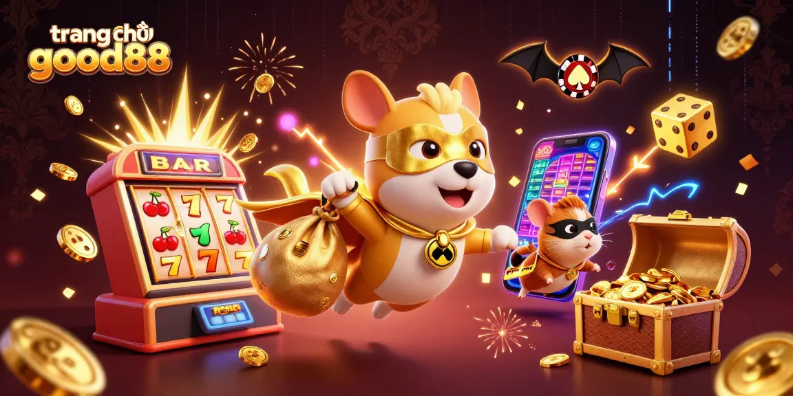 Experience excitement on trang chủ good88 with a superhero dog, dynamic slot machine, and colorful casino elements.