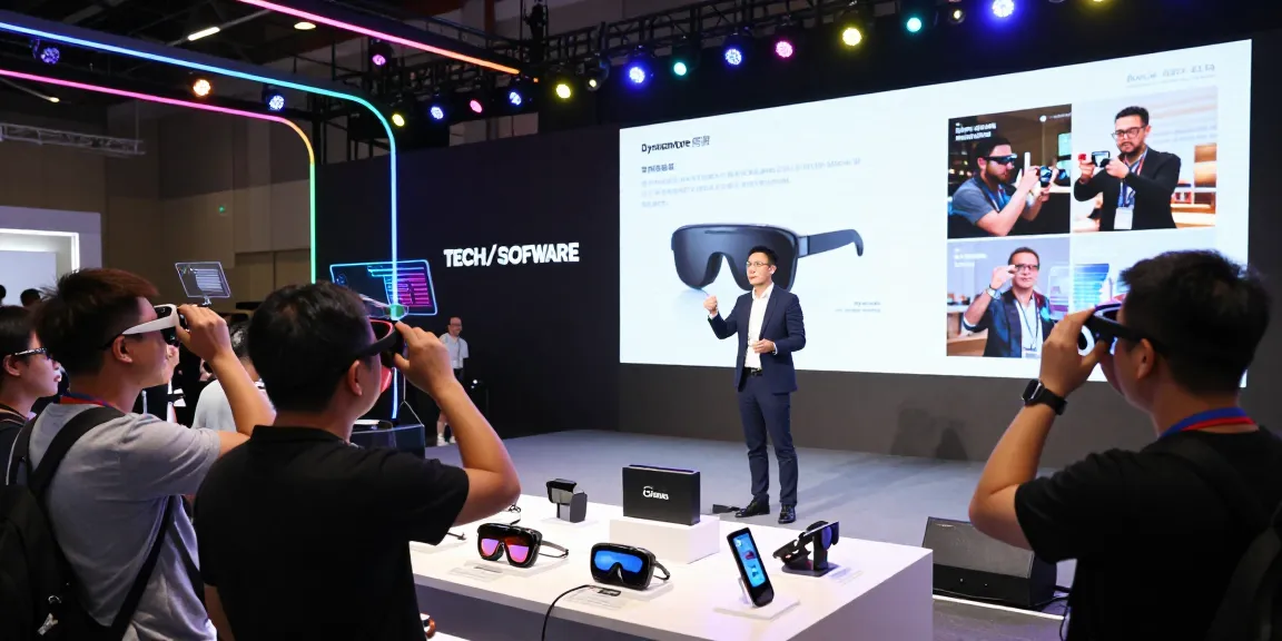 Engaging presentation of smart glasses at a tech expo with augmented reality visuals.