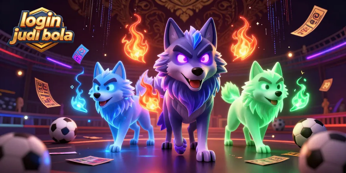 Place bets with login judi bola featuring a mystical wolf pack amidst a sports betting scene.