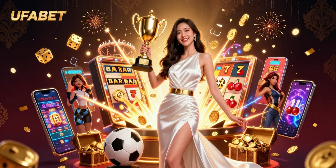 Win big at UFABET with a dynamic scene showcasing casino excitement, sports betting, and trophies.