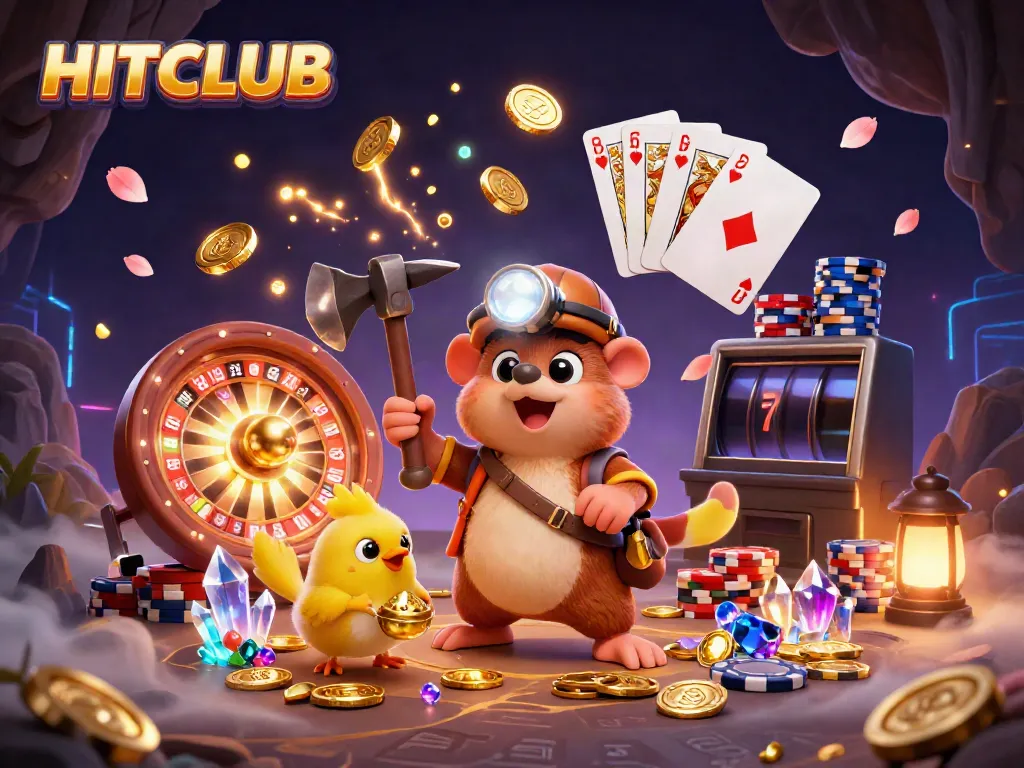 Explore HITCLUB riches with a treasure hunter mole amidst golden coins and jewels.