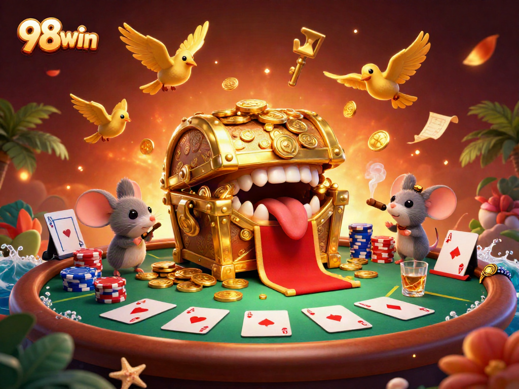 Engaging 98win casino scene featuring a treasure chest mimic and poker elements for thrilling gameplay.