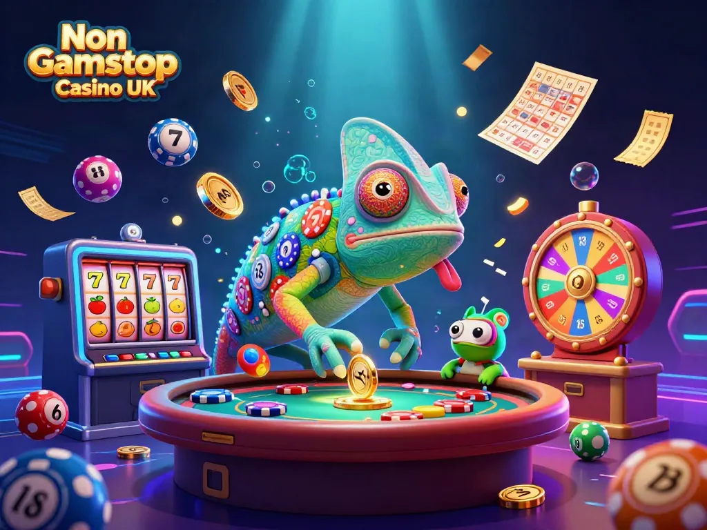 Experience the thrill at a Non Gamstop Casino UK, surrounded by a vibrant 3D chameleon and dynamic slot elements.