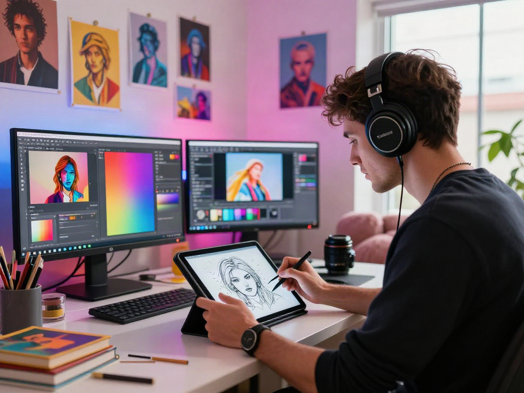 NSFW AI project creation in a vibrant design studio, showcasing artistic focus.