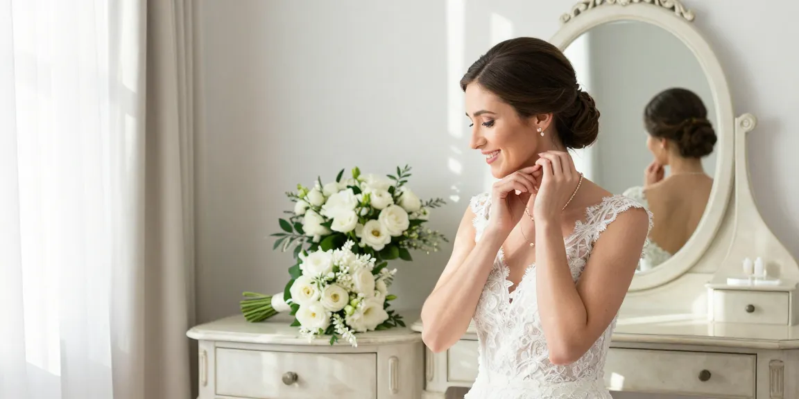 Elegant bride showcasing minimalist bridal jewellery in bright bedroom.