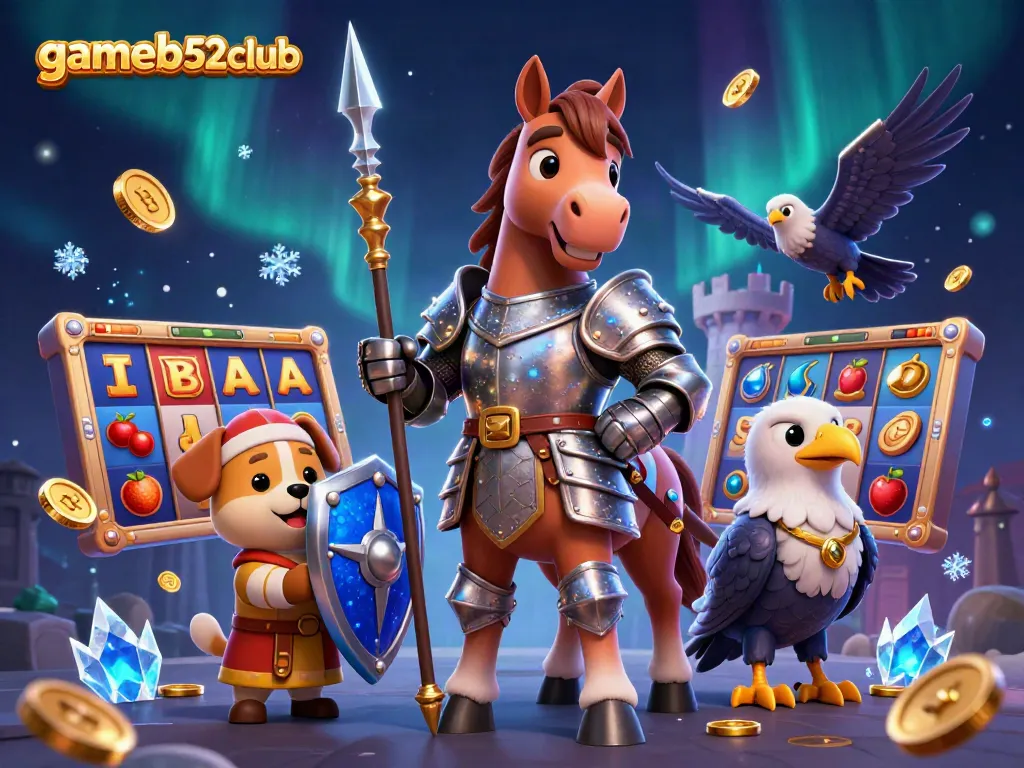 Win big at gameb52club with a dynamic scene featuring knights and a jackpot adventure.