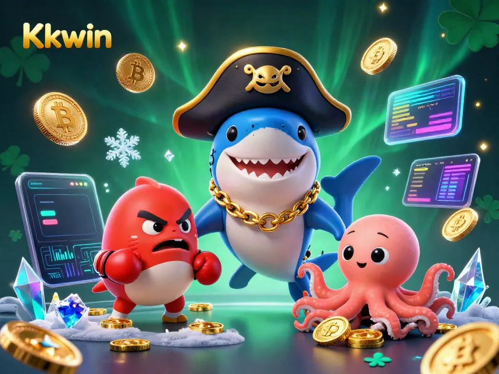 Engage with Kkwin's adventure by winning big alongside a playful pirate shark and octopus in a vibrant casino scene.