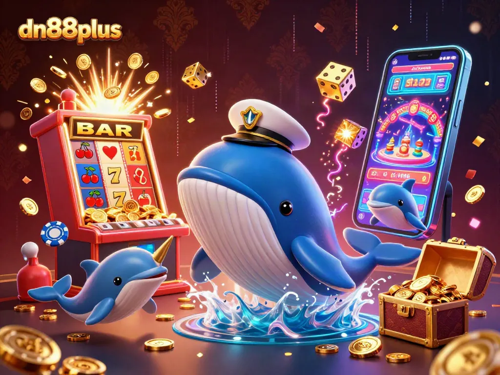 Experience the excitement of dn88plus as a cartoon whale breaches coins with vibrant gambling elements.