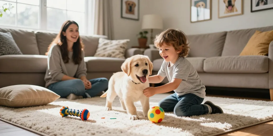 Joyful Labrador breeders' puppy playing with child in cozy living room.