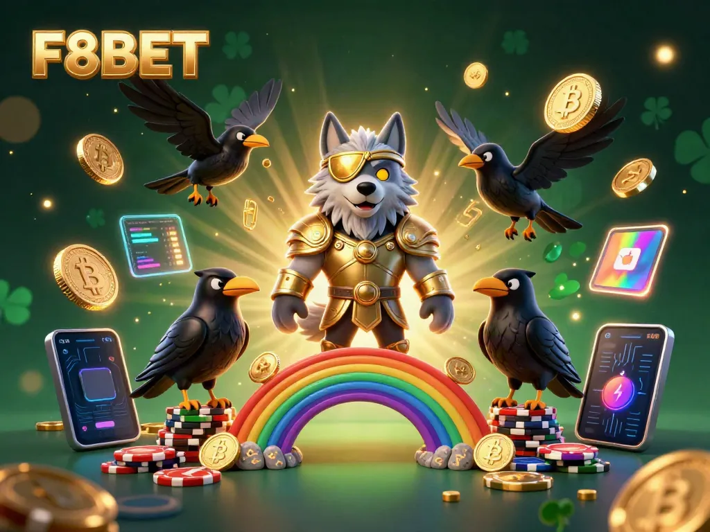 Play exciting F8BET casino games with the Odin wolf and his ravens, surrounded by crypto elements.