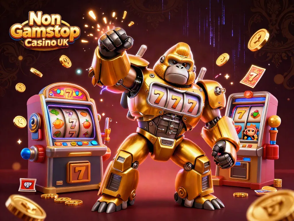 Engage with Non Gamstop Casino UK through dynamic 3D illustration of a golden gorilla mech and slot elements.