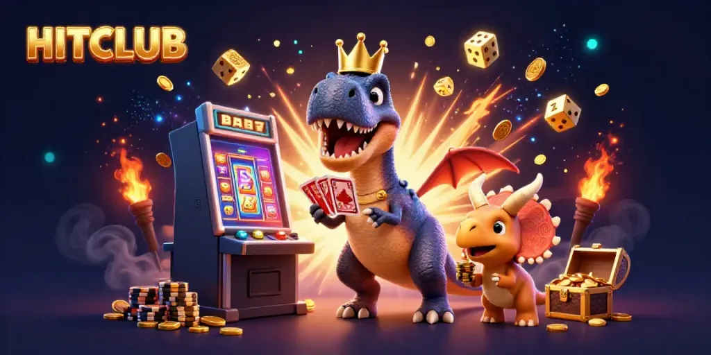 Experience HITCLUB with vibrant 3D casino characters winning gold and jackpot rewards.