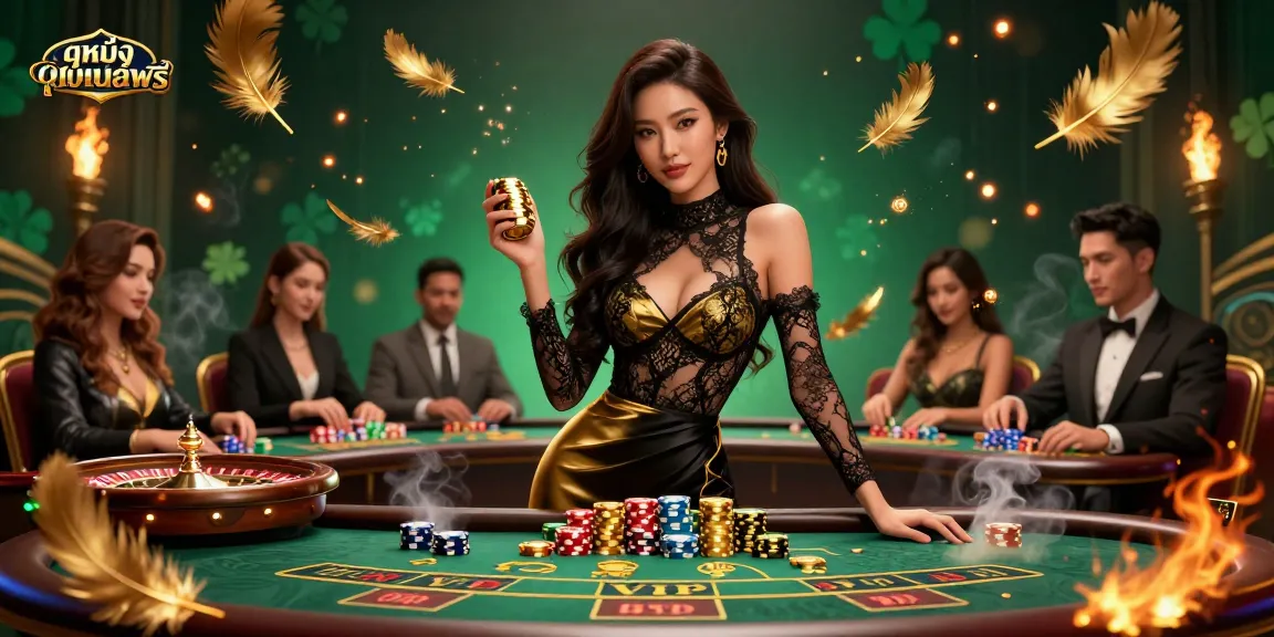 Engage in ดูหนังออนไลน์ฟรี with a glamorous scene featuring an Asian woman at a VIP casino table.