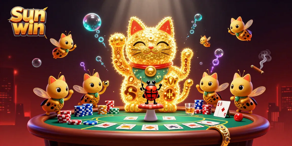 Experience the vibrant world of Sun win with golden fireflies and casino symbols lighting up the scene.