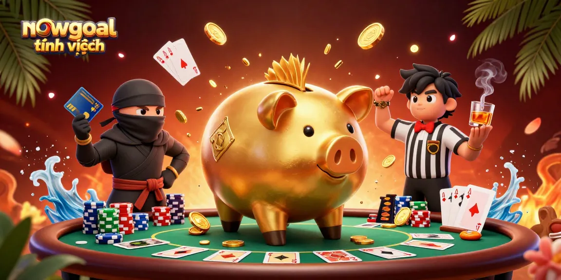 Betting excitement captured in nowgoal tiếng việt with vibrant piggy bank sumo wrestler action.