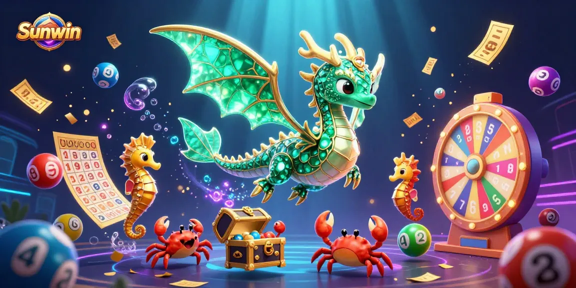 Experience the excitement of Sunwin with a vibrant gaming scene featuring colorful lottery elements and dynamic characters.
