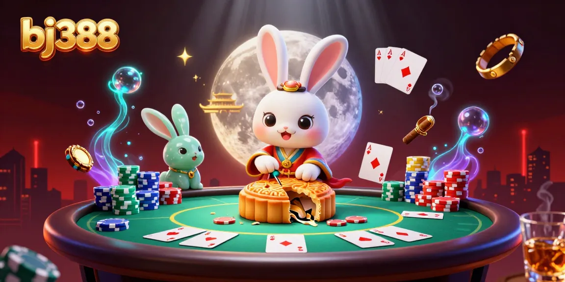 Bet on poker chips with bj388’s vibrant scene of a moon rabbit and casino elements.