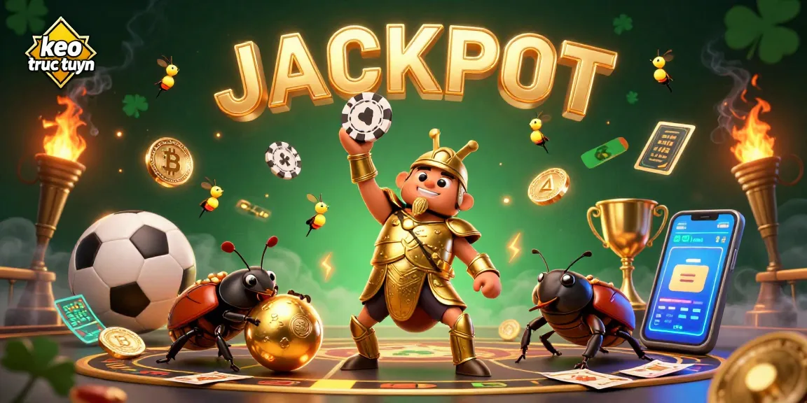 Betting with keo truc tuyen showcases a heroic beetle celebrating wins amidst dynamic sports betting elements.