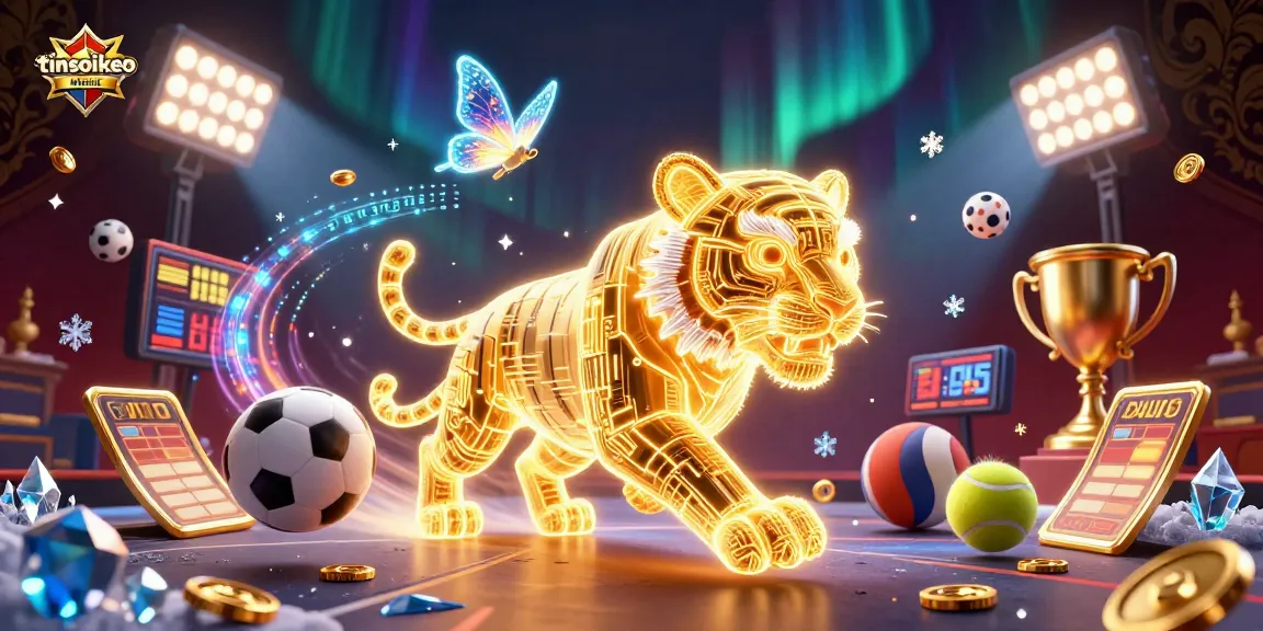 Place bets with tinsoikeo's golden tiger illuminating a digital casino filled with sports elements.