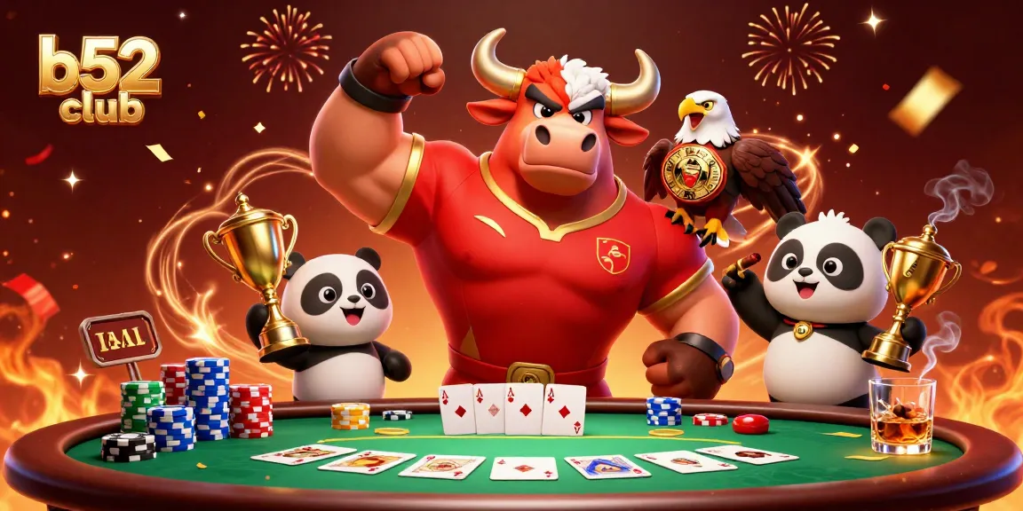 b52club players enjoy a dynamic casino scene with colorful poker elements and excited mascots.