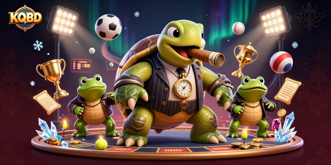 KQBD showcases a lively casino scene with a mobster turtle and bullfrogs amidst dynamic sports elements.