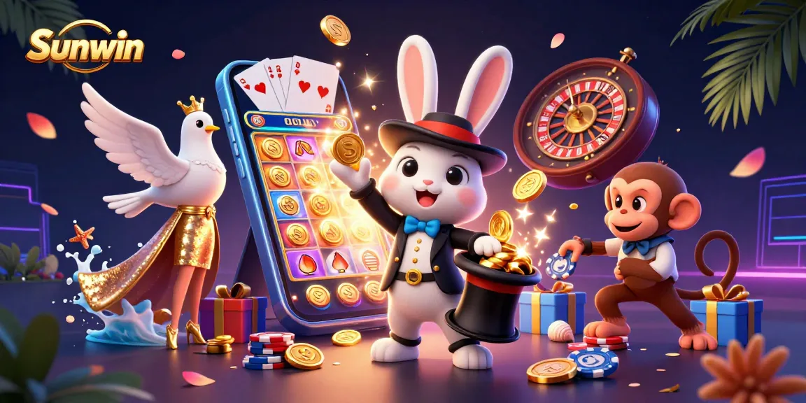 Sunwin showcases a dynamic casino scene with a magician rabbit, a dove, and a monkey in 3D action, surrounded by colorful gambling elements.