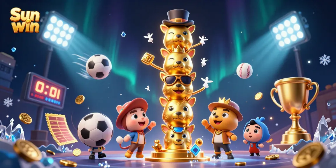 Engage in thrilling action with Sun win as dynamic sports elements surround a totem pole illustration.