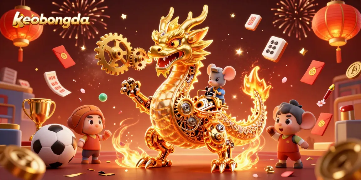 Engage with keobongda's thrilling sports betting experience illustrated by a golden dragon and joyful symbols.