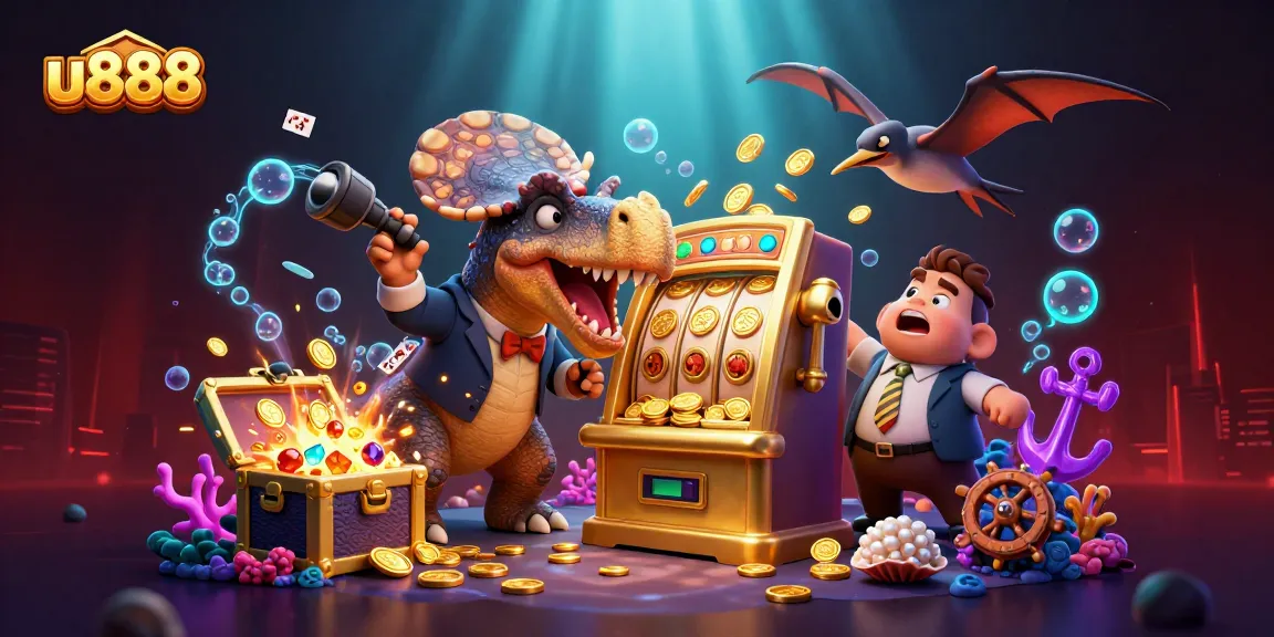 Now betting at u888: Cartoon characters enjoying huge jackpot wins in a vibrant casino scene