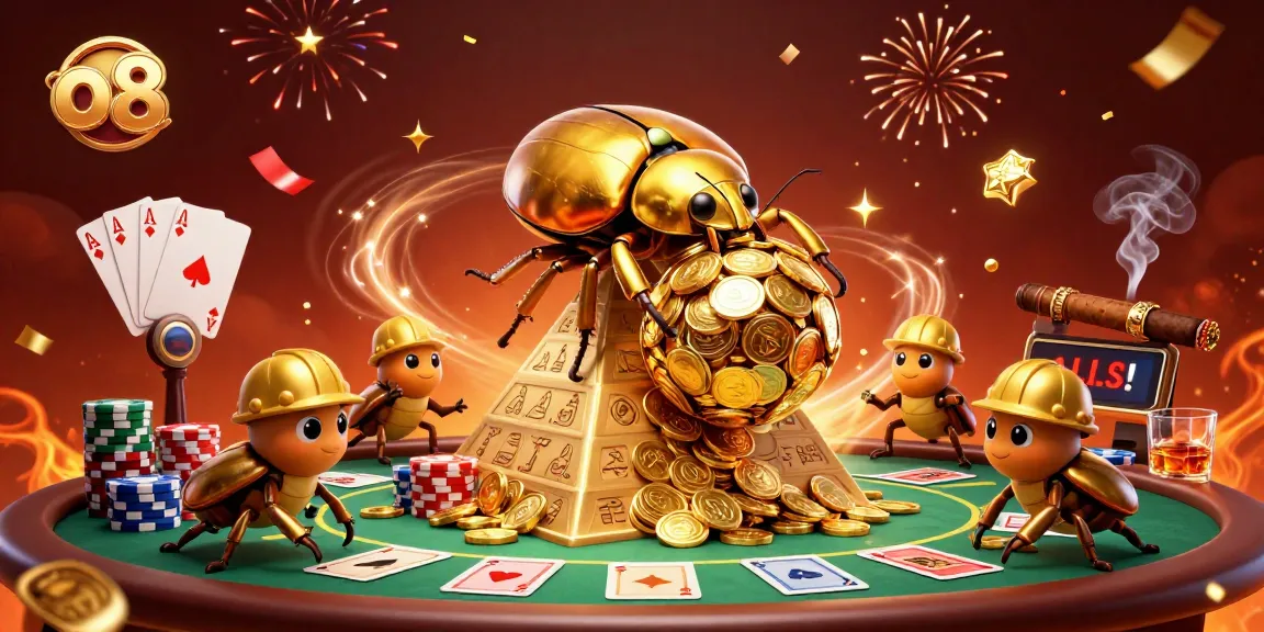 Engage in thrilling gaming experiences with o8's massive golden beetle rolling coins amid vibrant casino elements.