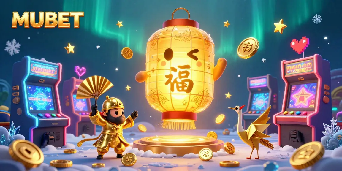 MUBET showcases players winning in a vibrant casino setting filled with golden lanterns and lucky symbols.