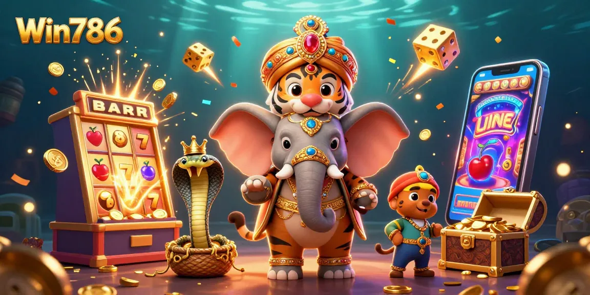 Win786 showcases thrilling jackpot adventures with an elephant and cobra celebrating a casino win.
