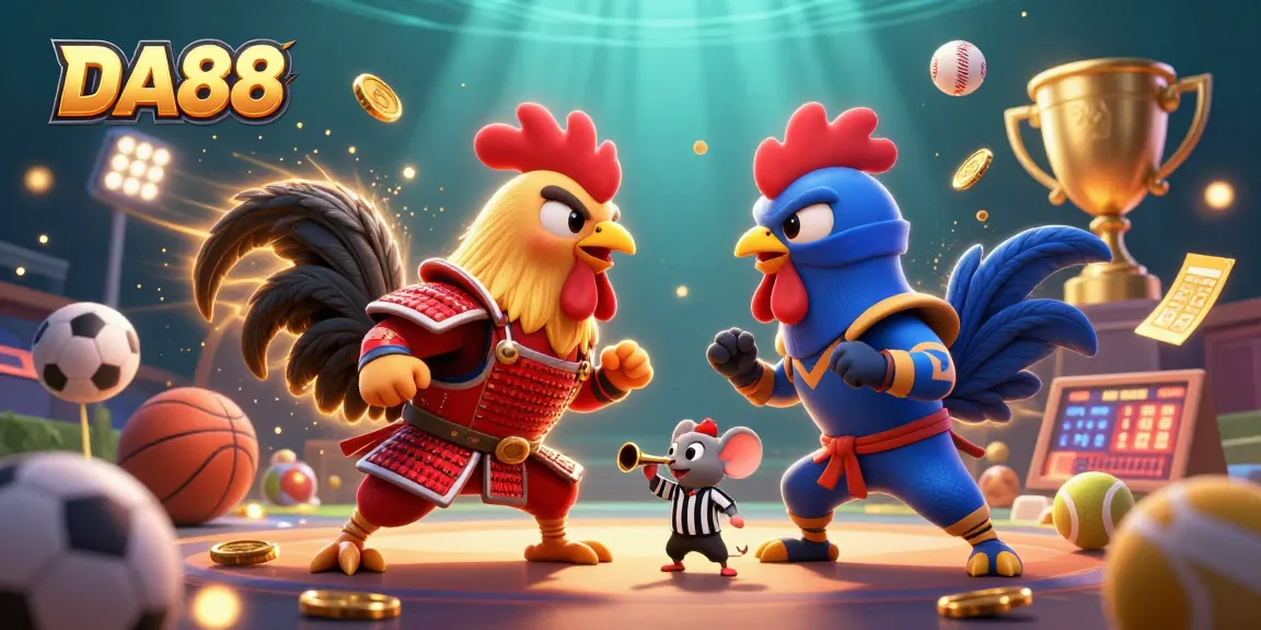 Engage with the DA88 showdown as cartoon roosters battle with sports elements in a dynamic casino scene.