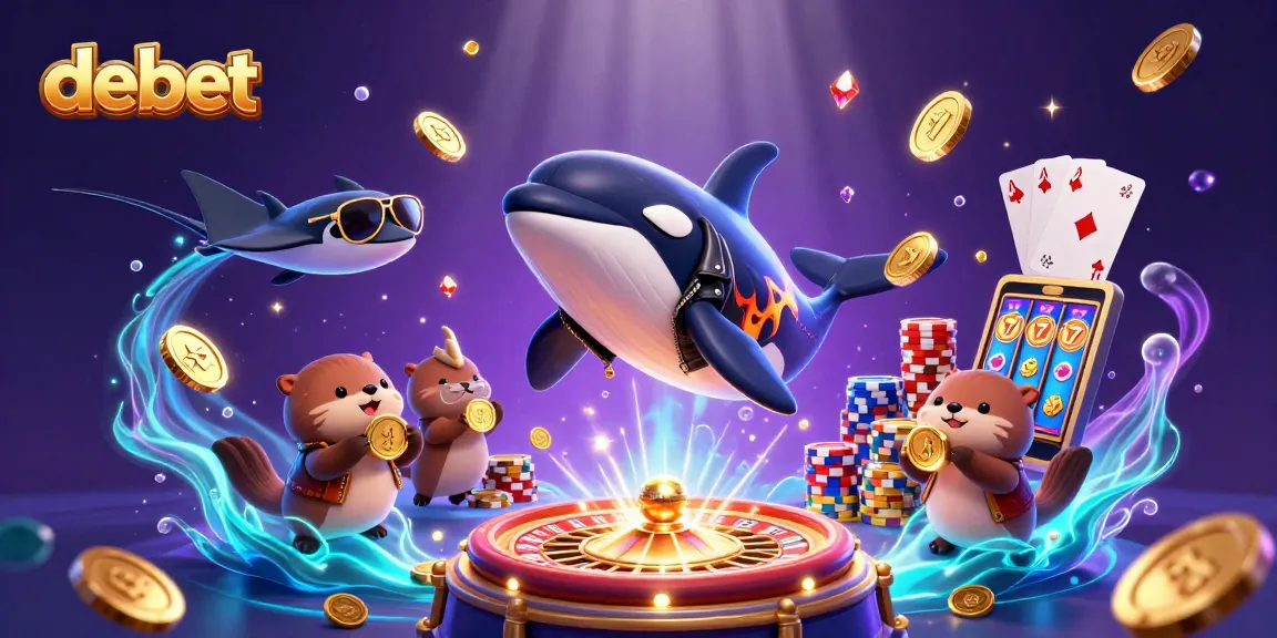 Engage with debet gaming in a rich underwater scene filled with energetic characters, coins, and casino elements.