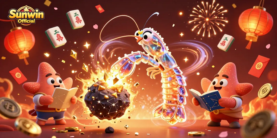 Experience the excitement of Sunwin Official with a galactic mantis shrimp and festive elements enhancing the gambling scene.