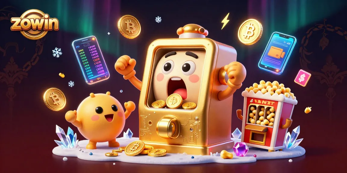 Zowin showcases a thrilling jackpot moment with vibrant slot machines and crypto elements.
