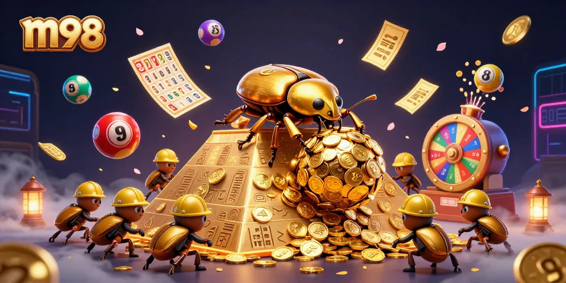 Experience thrilling gaming at m98 with a golden dung beetle and vibrant casino elements.