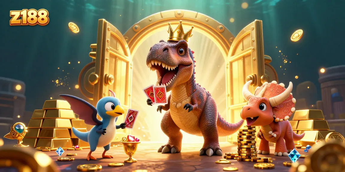 Experience thrilling action at z188 with a T-Rex shuffling cards, surrounded by treasures and games.