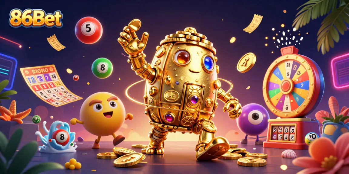 Spin and win with 86Bet in a vibrant lottery-themed casino scene.