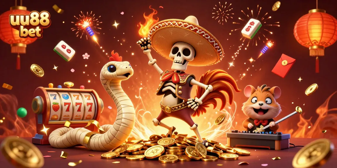 Experience the thrill of uu88 bet with vibrant characters celebrating around slot reels and golden coins.