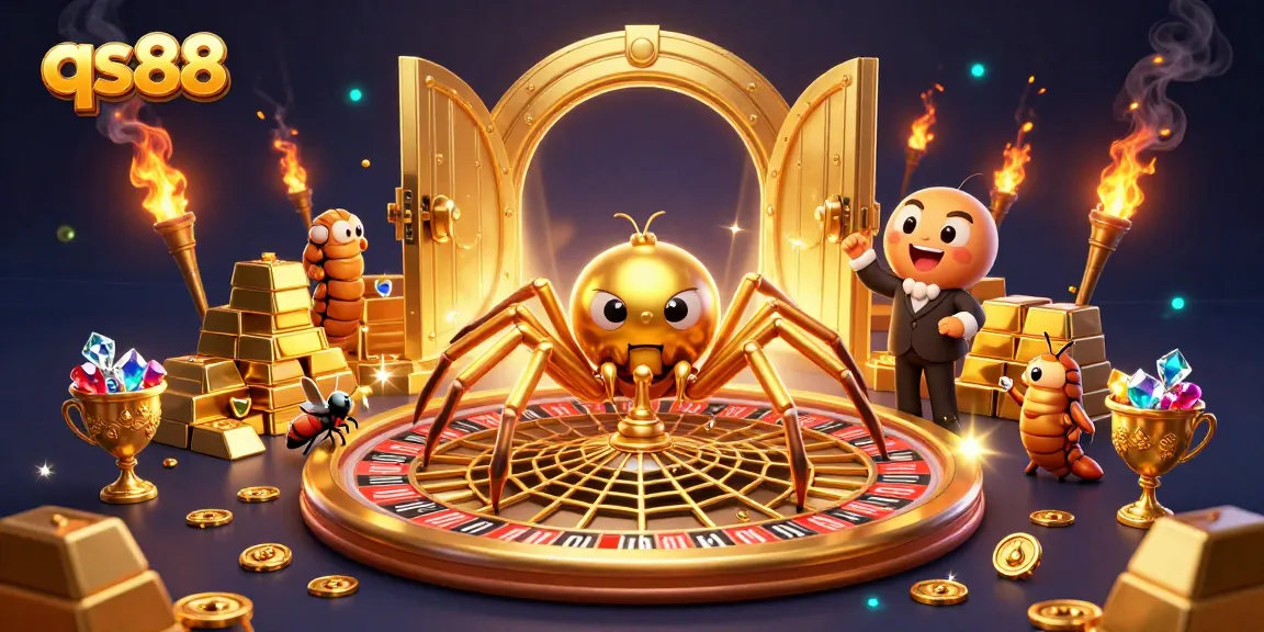 Experience the thrilling bets at qs88 with a golden spider and centipede croupier in a vibrant casino world.