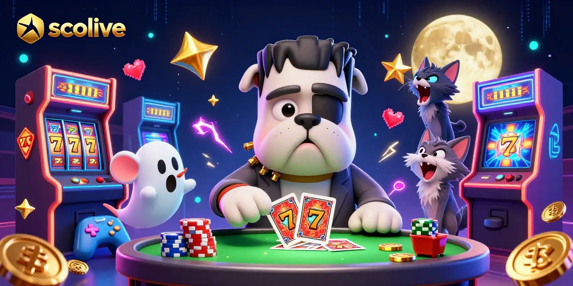 Socolive showcases a thrilling scene with a cartoon Frankenstein bulldog dealer and a ghost mouse at a casino table, capturing action-filled excitement.