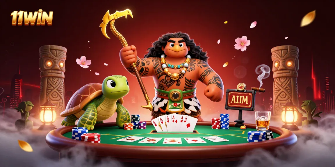 Play exciting casino games with 11WIN, featuring vibrant poker elements and unique characters.