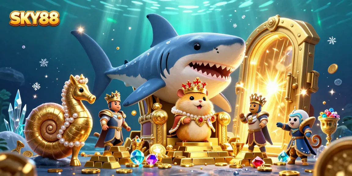 Engage with the thrilling world of SKY88, where our golden hamster king leads the treasure hunt amidst sparkling riches.