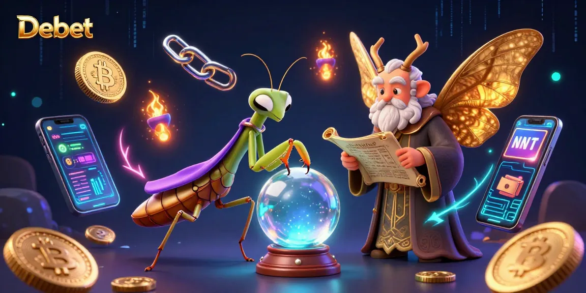Debet reveals winning strategies through a mystical fortune teller's crystal ball in a vibrant casino scene.