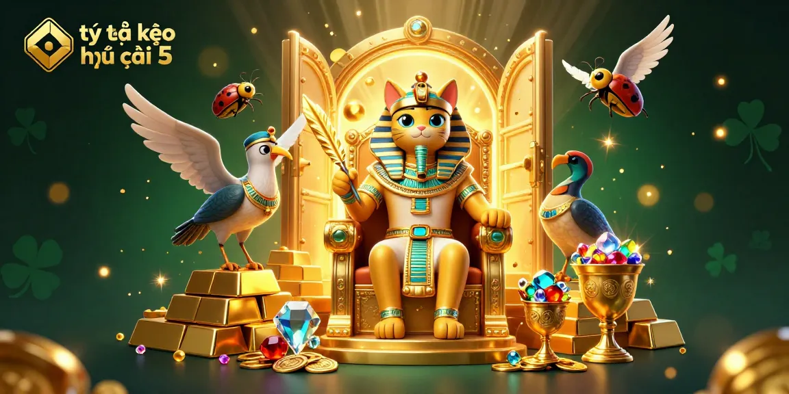 Tỷ lệ kèo nhà cái 5 illustrated with a pharaoh cat, golden treasures, and vibrant casino elements.